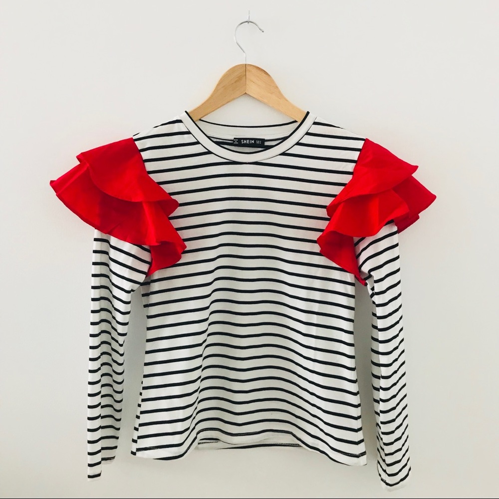 SHEIN striped shirt with red shoulder ruffles sz S